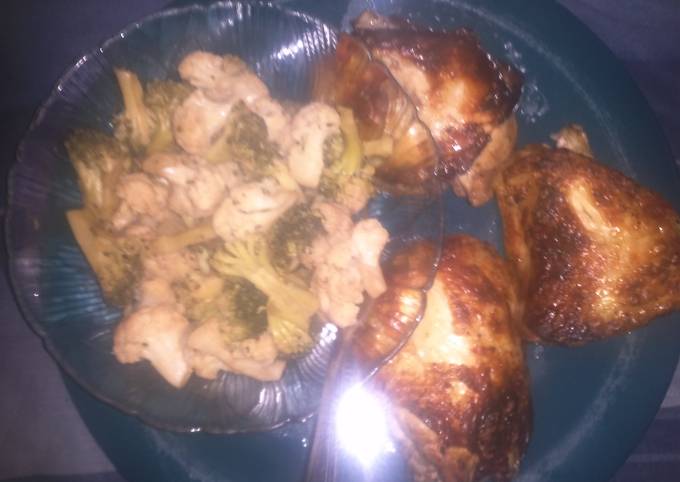 Steps to Make Speedy My baked chicken thighs Broccoli&amp;cauliflower