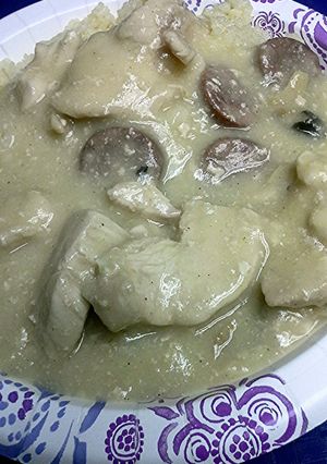 A picture of Sausage chicken and mushroom gravy.