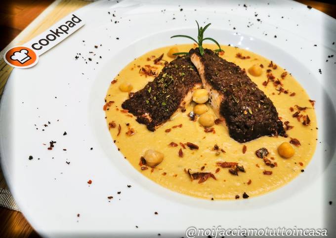 Modo semplice a Preparare Qualsiasi notte della settimana Filetti di Trota al Forno con Ceci, Radicchio e Granella di Missoltino