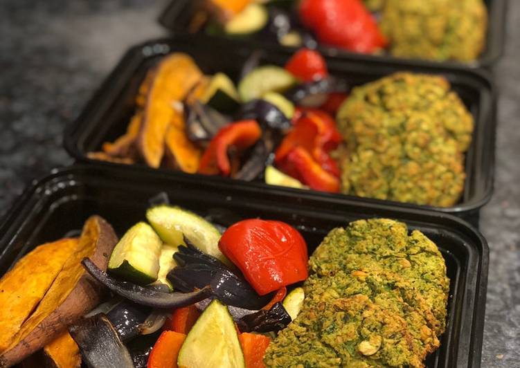 Falafel with roast veg & sweet potato wedges