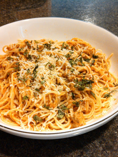A picture of Angel Hair Pasta w/ Creamy Italian Sausage & Habanero Tomato Sauce.