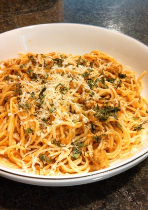 A picture of Angel Hair Pasta w/ Creamy Italian Sausage & Habanero Tomato Sauce.