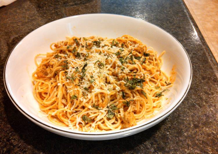 Recipe of Super Quick Homemade Angel Hair Pasta w/ Creamy Italian Sausage &amp; Habanero Tomato Sauce