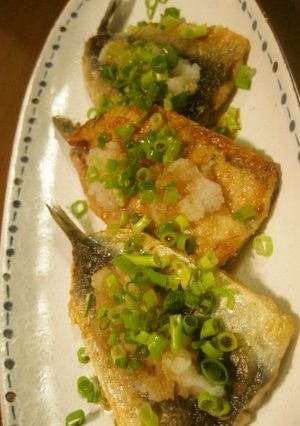 A picture of Butterflied Sardine with Zesty Grated Daikon Radish and Ponzu.