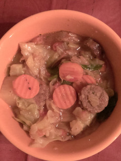 A picture of Crockpot Italian sausage and cabbage.