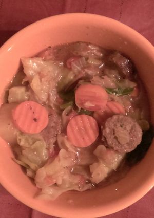 A picture of Crockpot Italian sausage and cabbage.