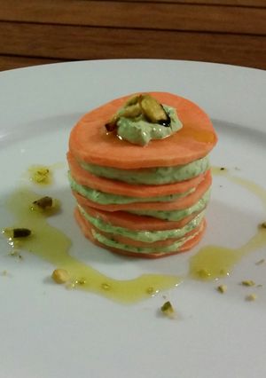 A picture of RAW SWEET POTATO and SPINACH STACK.
