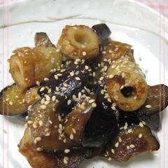 For Your Bento! Sweet and Sour Fishcake Sticks and Eggplant A picture of For Your Bento! Sweet and Sour Fishcake Sticks and Eggplant.