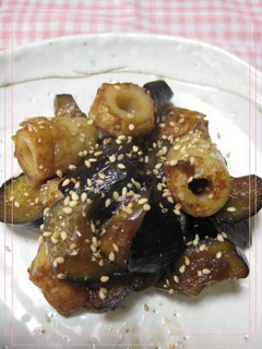 A picture of For Your Bento! Sweet and Sour Fishcake Sticks and Eggplant.