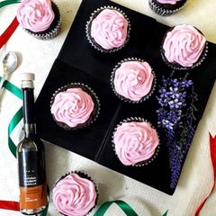 Chocolate Caramel Cupcakes With Strawberry Cream Frosting A picture of Chocolate Caramel Cupcakes With Strawberry Cream Frosting.