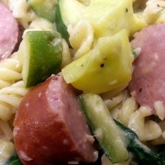 A picture of Kielbasa with Squash and Rotini.