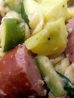 A picture of Kielbasa with Squash and Rotini.