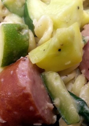 A picture of Kielbasa with Squash and Rotini.