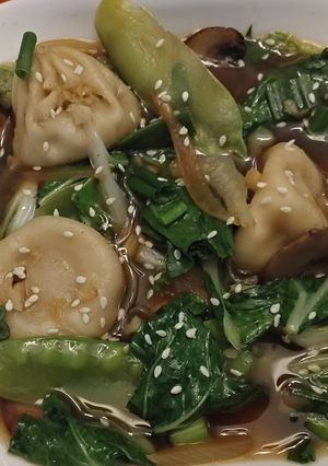 A picture of Pot Sticker & Bok Choy Soup.