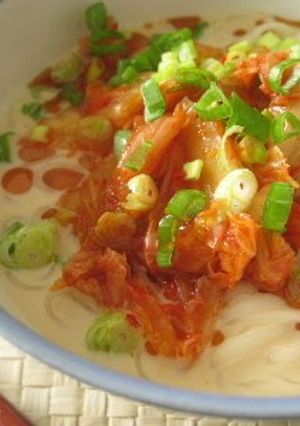 A picture of Chilled Soy Milk Kimchi Udon.