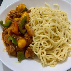 A picture of Quick and easy Mango chicken with Aglio olio spaghetti.