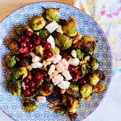 A picture of Salad with brussels sprouts and feta cheese in cranberry sauce 🥗.