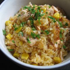 A picture of Corn & Salmon Rice with Butter Soy Sauce.