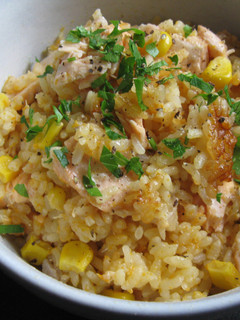 A picture of Corn & Salmon Rice with Butter Soy Sauce.