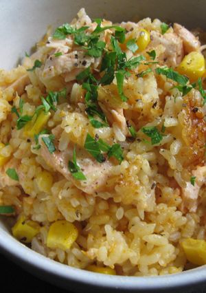 A picture of Corn & Salmon Rice with Butter Soy Sauce.