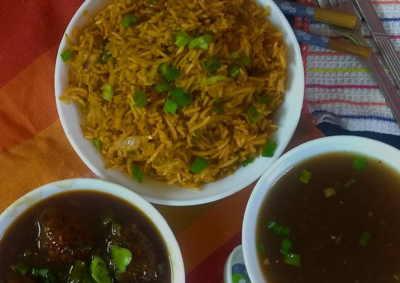 Chainese manchurian with soup and fried rice