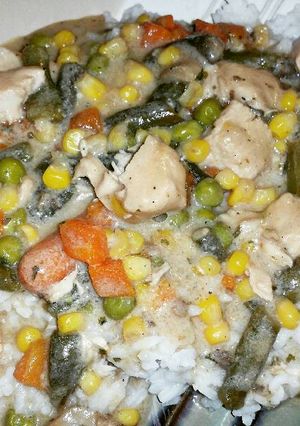 A picture of Mushroom Ranch Chicken Over Rice.