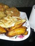 Plantain, bread in egg,egg with Tea