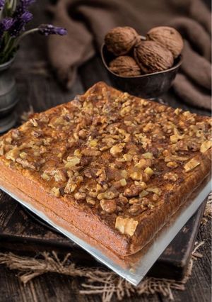 A picture of Oat Cake with Walnuts, Apples, and Carrots.