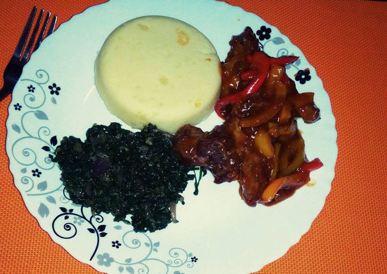 Fajita pork strips served with Buttered mashed potatoes and Stir Fried Spinach