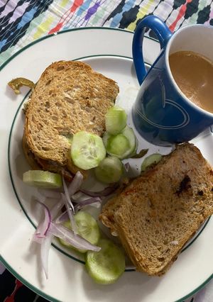 A picture of Best keema tiiki sandwich with lots of veggies.
