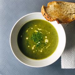 A picture of Nettle soup - can be prepared vegan and free from dairy and gluten- Serves 4.