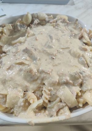 A picture of Tuna, Mushroom, and Blue Cheese Pasta.