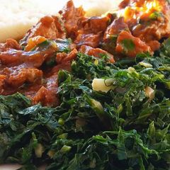 A picture of Stewed Beef and sauteed kales.