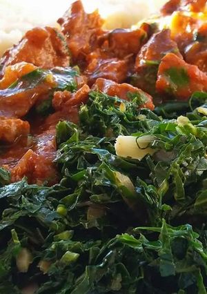 A picture of Stewed Beef and sauteed kales.