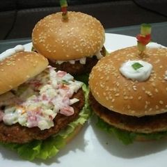 A picture of Crispy fish & potato burgers with mayo salsa😋🍔.