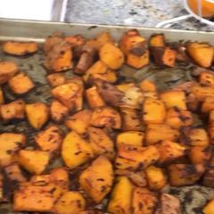 A picture of Roasted sweet potatoes, acorn, & butternut squash.