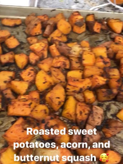 A picture of Roasted sweet potatoes, acorn, & butternut squash.