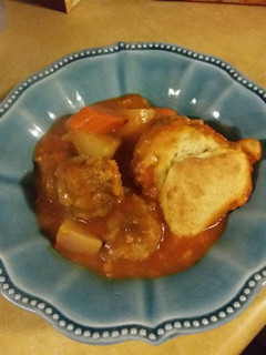 A picture of Lamb Meatball & Root Vegetable Stew with Drop Biscuits.
