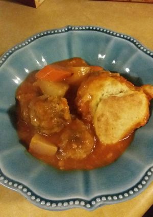 A picture of Lamb Meatball & Root Vegetable Stew with Drop Biscuits.