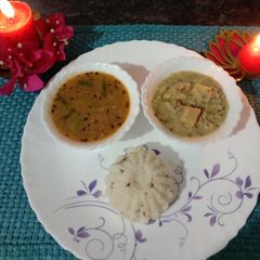A picture of Sama rice, alu peanut curry, Suran (yam) upwas sabji.