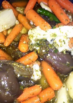 A picture of eggplant , baby carrot, cauliflower and white vinegar.