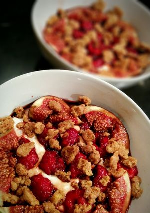 A picture of Vanilla balsamic figs and raspberries, ginger'n'lime crumble and Greek yoghurt.