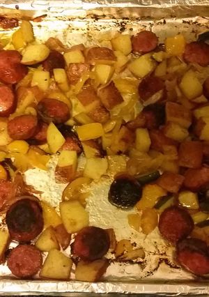 A picture of Spicy Roasted Sausage Potatoes and Peppers.