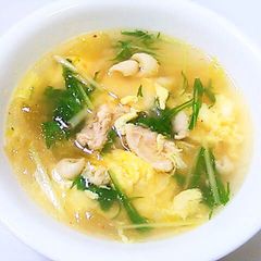 A picture of Egg and Kimchi Soup Made with Chicken Skin and Chicken Broth.