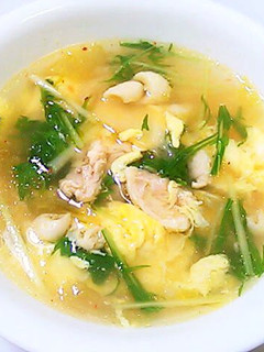 A picture of Egg and Kimchi Soup Made with Chicken Skin and Chicken Broth.