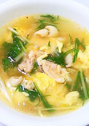A picture of Egg and Kimchi Soup Made with Chicken Skin and Chicken Broth.