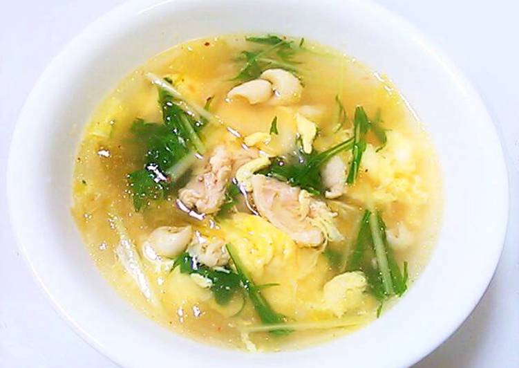 Simple Way to Make Super Quick Homemade Egg and Kimchi Soup Made with Chicken Skin and Chicken Broth