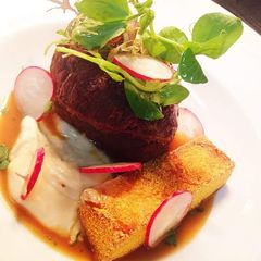 A picture of Beef cheek, oyster, polenta chip.