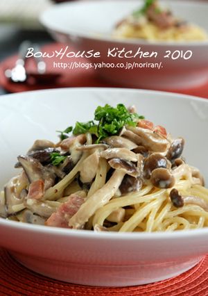A picture of Mushroom Carbonara Pasta with Mustard.
