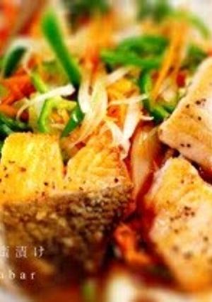 A picture of Not Deep Fried: Fall Salmon in Nanban Sauce With Lots of Vegetables.
